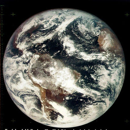 ATS-3 full-disk color image of Earth from November 10, 1967, showing the western hemisphere